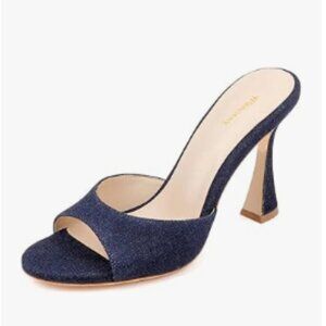 Wansseny Navy Denim High Heel Open Toe Mules Slip On Ladies Casual Dress Shoes